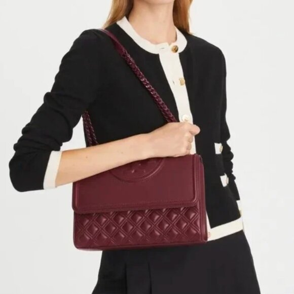 NWT Tory Burch Fleming Large Leather Quilted Convertible Shoulder Bag Wine Red - Picture 3 of 14
